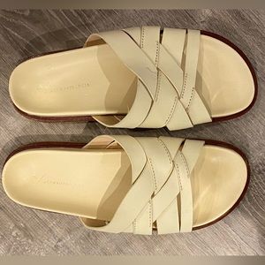 Cute cream colored Anthropologie leather low platform sandals!
